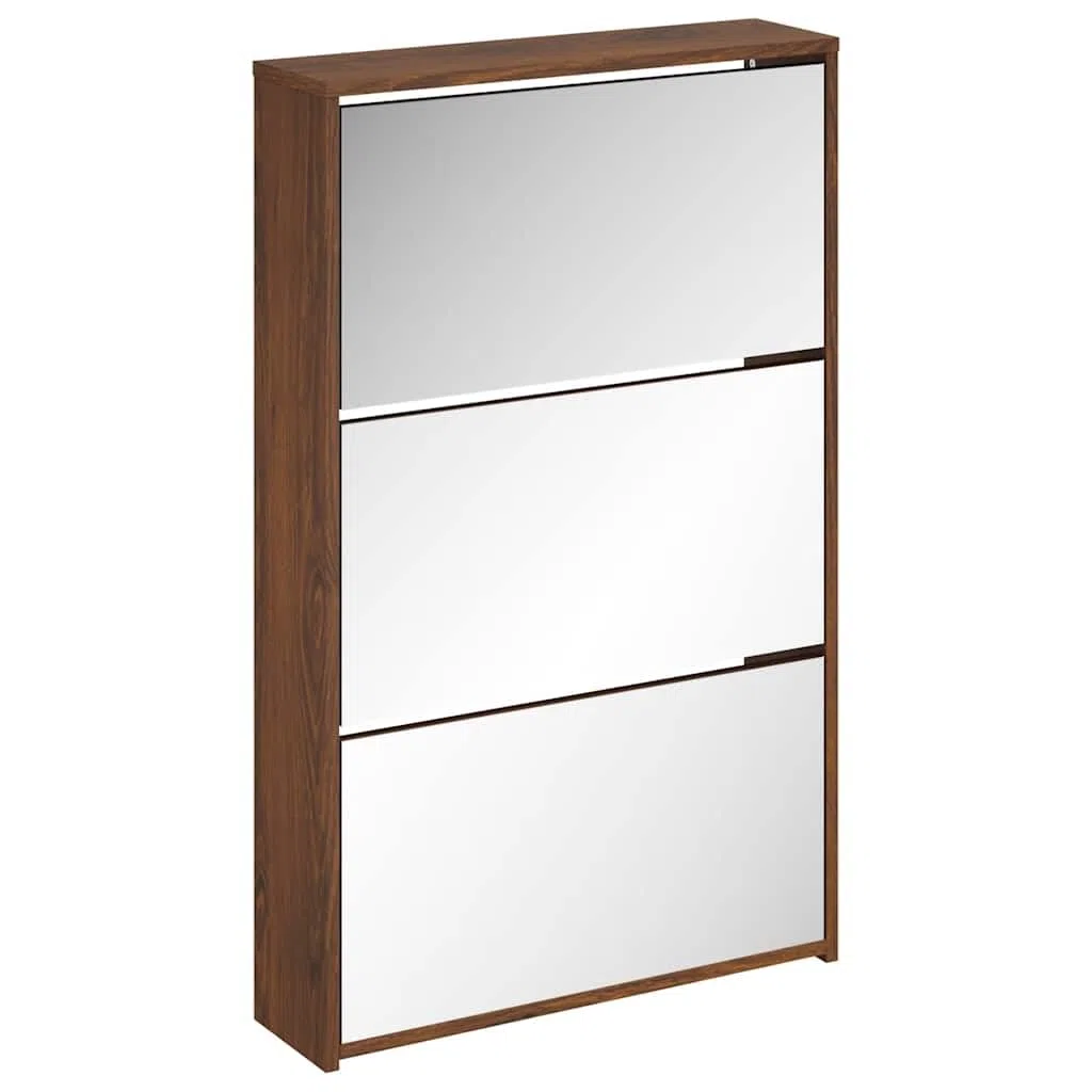 Zapatero con espejo con 3 compartimentos basculantes marrón efecto roble zapatero para pasillo, salón, dormitorio de madera