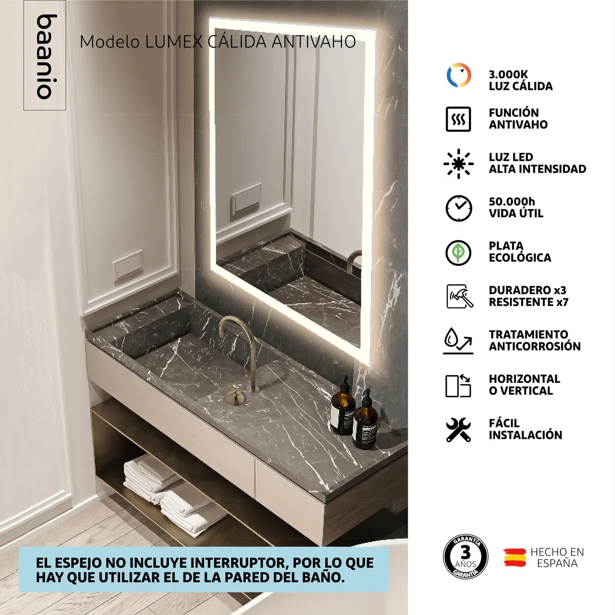 Lumex - Espejo Baño Luz LED Cálida Rectangular 80x100 con antivaho | Espejo Retroiluminado Decorado | Plata Ecológica de 4 mm y Fácil Instalación | Montaje Horizontal o Vertical