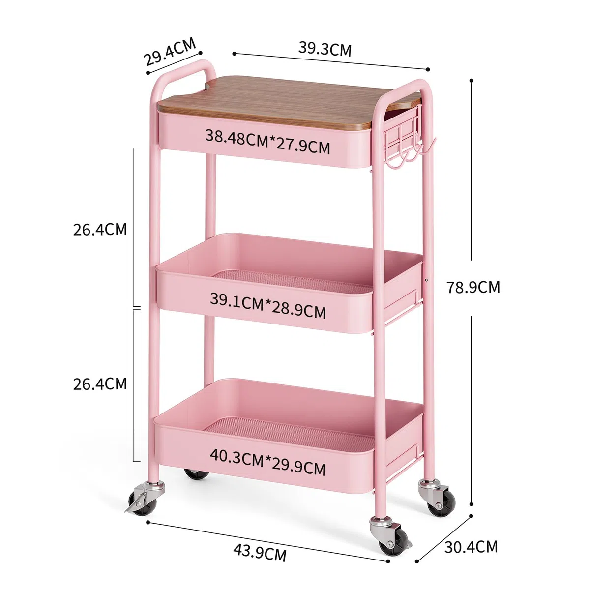 Carrito de Almacenamiento de 3 Niveles con Ruedas y Tablero de Mesa, Carrito Multiusos de Metal con Ruedas, Organizador con Bandeja de Madera, Ruedas bloqueables, fácil de Montar para baño,