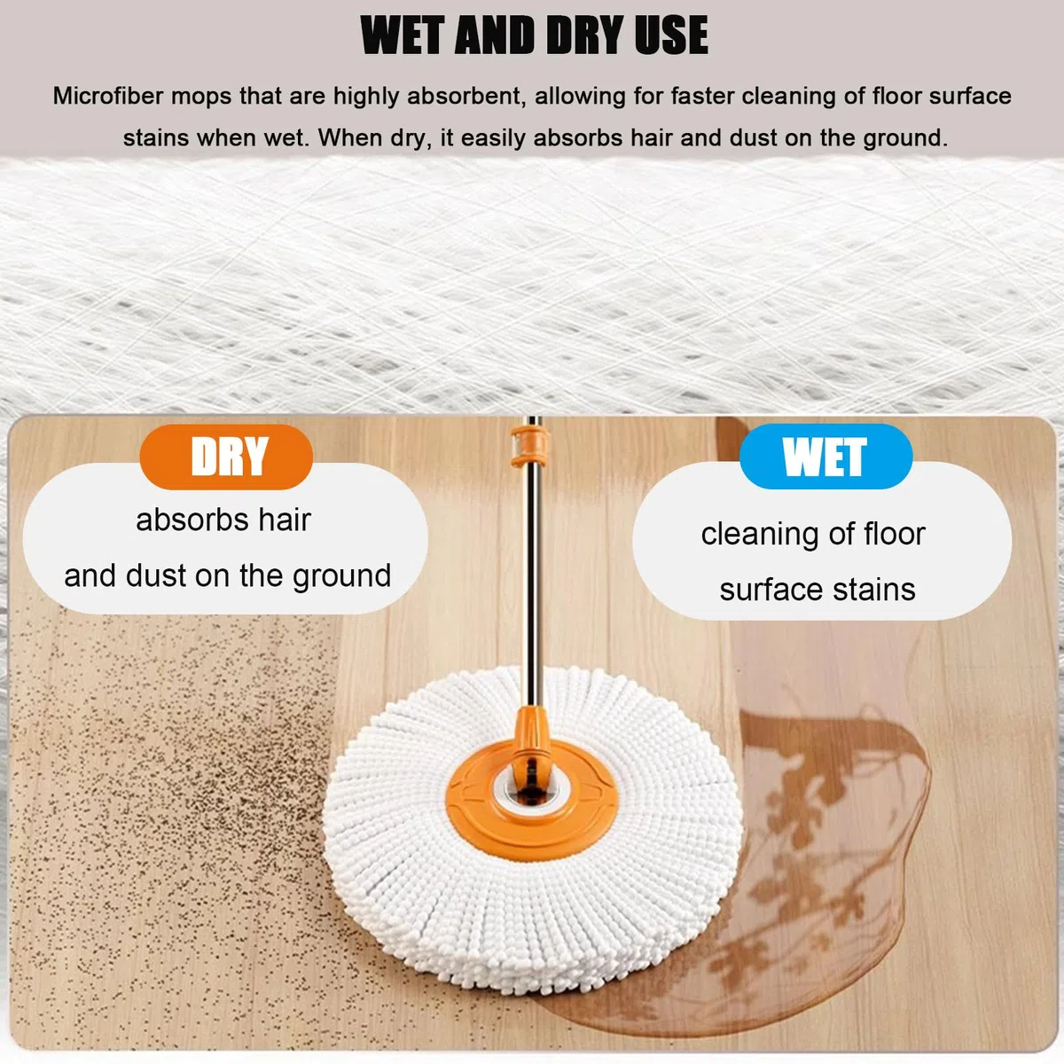 Juego de fregona y Cubo giratorios | Trapeador autolimpiante para Pisos Secos/húmedos con escurridor | Sistema de Limpieza de Pisos Manos Libres,Naranja,3 Mop Pads Refill