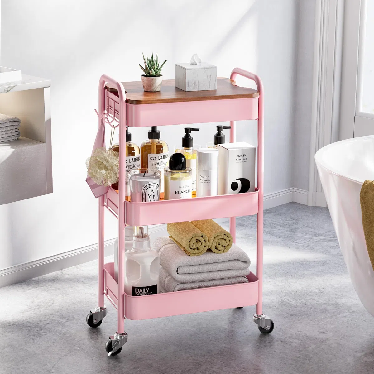 Carrito de Almacenamiento de 3 Niveles con Ruedas y Tablero de Mesa, Carrito Multiusos de Metal con Ruedas, Organizador con Bandeja de Madera, Ruedas bloqueables, fácil de Montar para baño,
