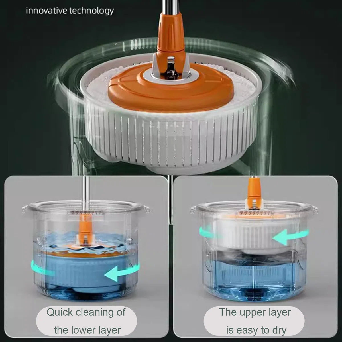 Juego de fregona y Cubo giratorios | Trapeador autolimpiante para Pisos Secos/húmedos con escurridor | Sistema de Limpieza de Pisos Manos Libres,Naranja,3 Mop Pads Refill