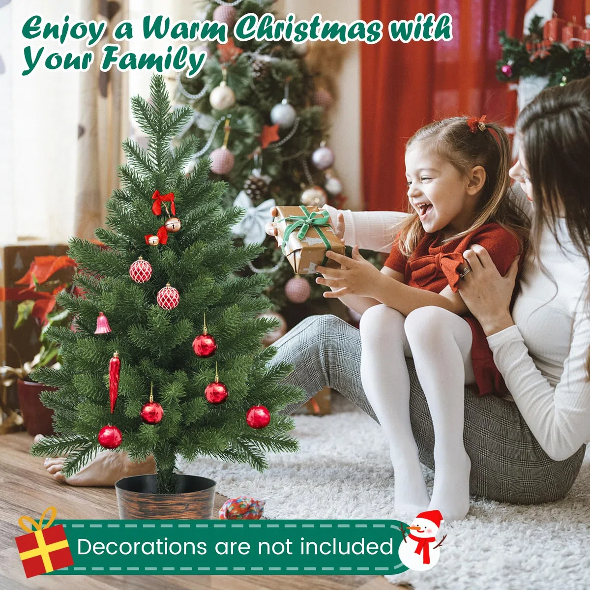 Árbol de Navidad, Árbol de Navidad Artificial pequeño 60 cm (2 pies) con piñas y Base, decoración navideña for Mesa Interior(Green Without Pine Cone)