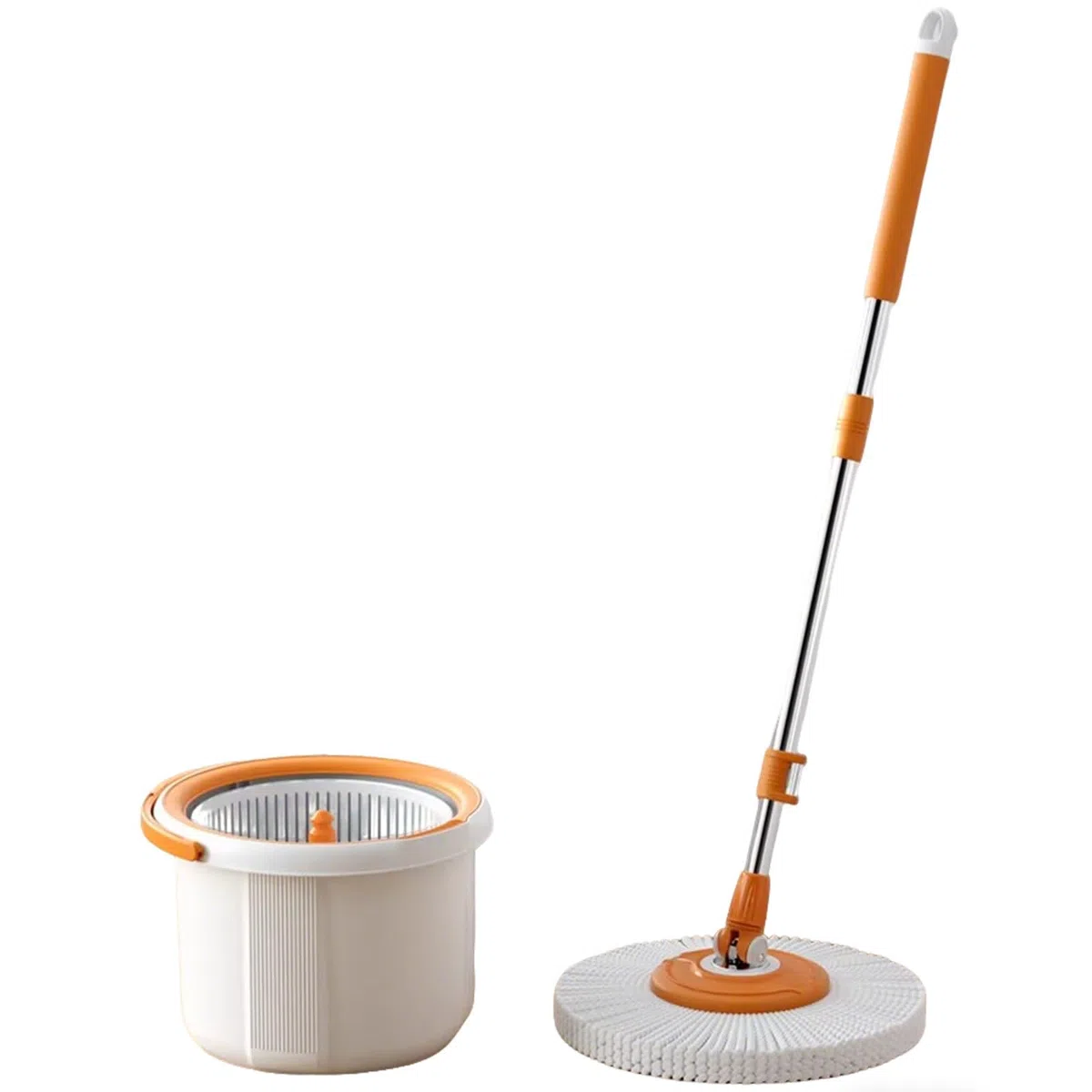 Juego de fregona y Cubo giratorios | Trapeador autolimpiante para Pisos Secos/húmedos con escurridor | Sistema de Limpieza de Pisos Manos Libres,Naranja,3 Mop Pads Refill