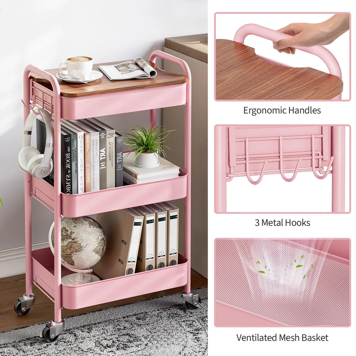 Carrito de Almacenamiento de 3 Niveles con Ruedas y Tablero de Mesa, Carrito Multiusos de Metal con Ruedas, Organizador con Bandeja de Madera, Ruedas bloqueables, fácil de Montar para baño,