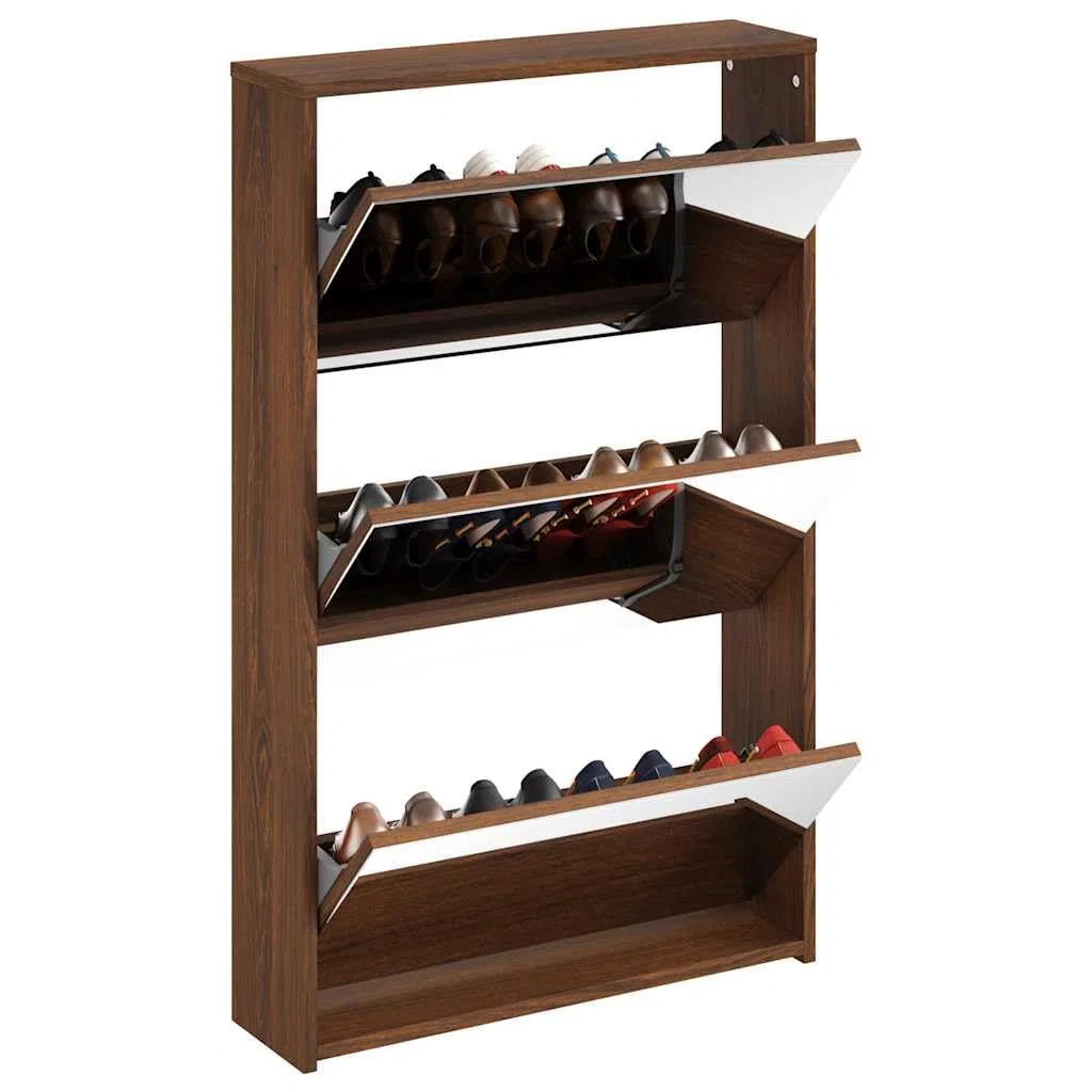 Zapatero con espejo con 3 compartimentos basculantes marrón efecto roble zapatero para pasillo, salón, dormitorio de madera