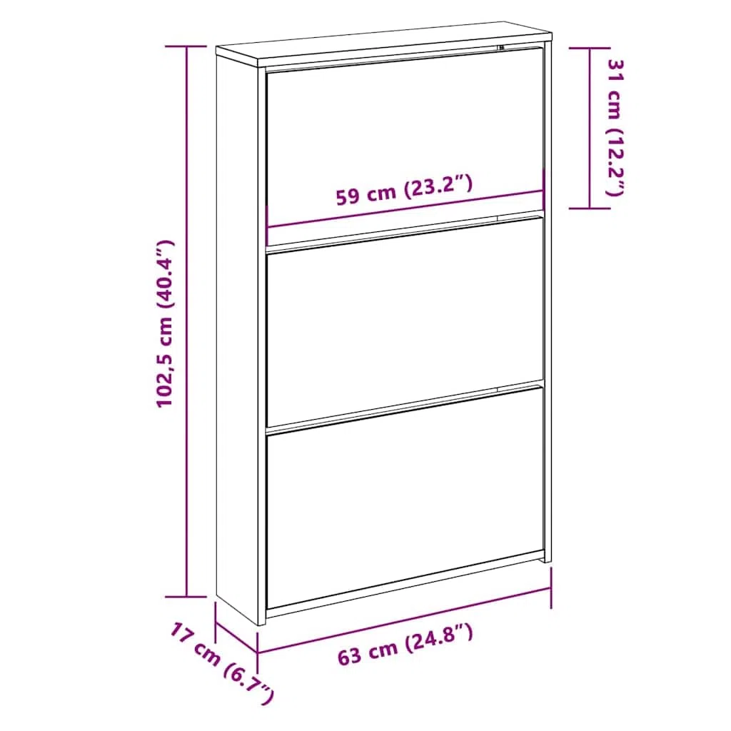 Zapatero con espejo moderno con 3 compartimentos plegables, para 3-4 pares por compartimento, montaje en pared, color blanco, 63 x 17 x 102,5 cm