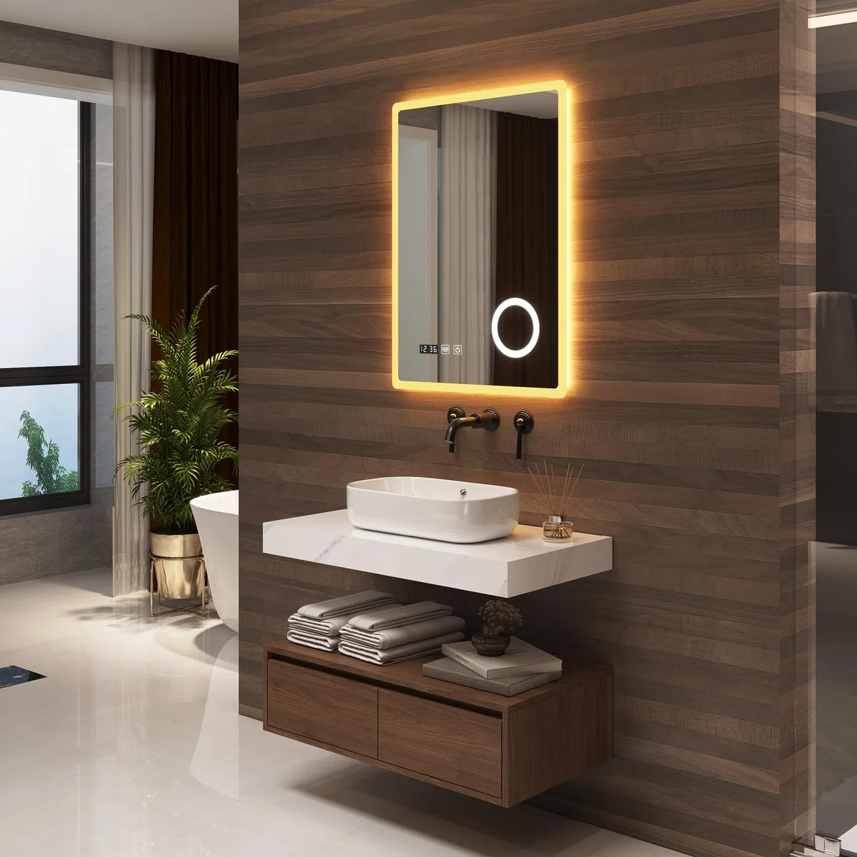 pro.tec Espejo de Pared con LED para Baño con Reloj e Indicador de Temperatura Antivaho Lupa 3 Opciones de Temperatura de Luz Blanca Interruptor Táctil 60 x 80 cm Aluminio - Blanco