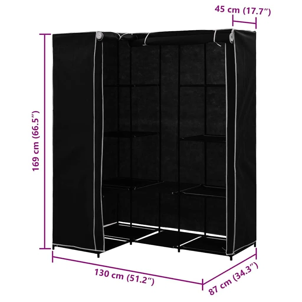 Armario esquinero negro 130 x 87 x 169 cm, plegable con marco de hierro resistente, ahorra espacio para dormitorio, armario, con espacio de almacenamiento para ropa y zapatos
