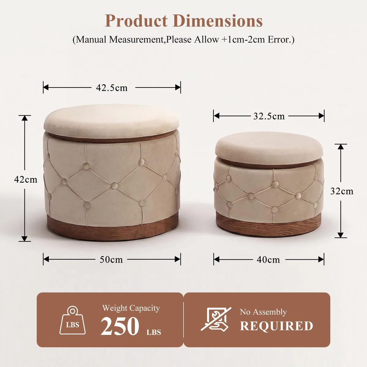 chairus 2PCS Taburete Redondo de Terciopelo con Almacenamiento, Caqui
