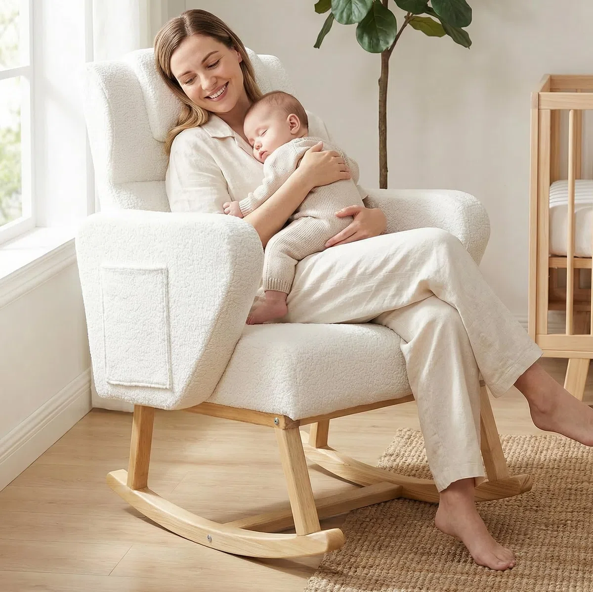 Mecedora de madera maciza, silla de relax, sillón de lactancia, silla mecedora, sillón balancín acolchado con respaldo alto y bolsillo lateral, para salón, dormitorio, balcón