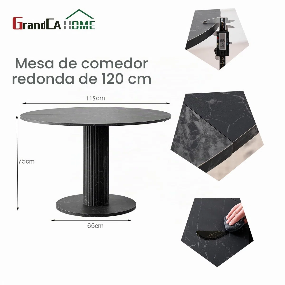 GrandCA HOME Mesa de Comedor Redonda, Sencilla y Moderna, Imitación de Mármol Negro, Diámetro de 115 cm, Capacidad para 4-6 Personas