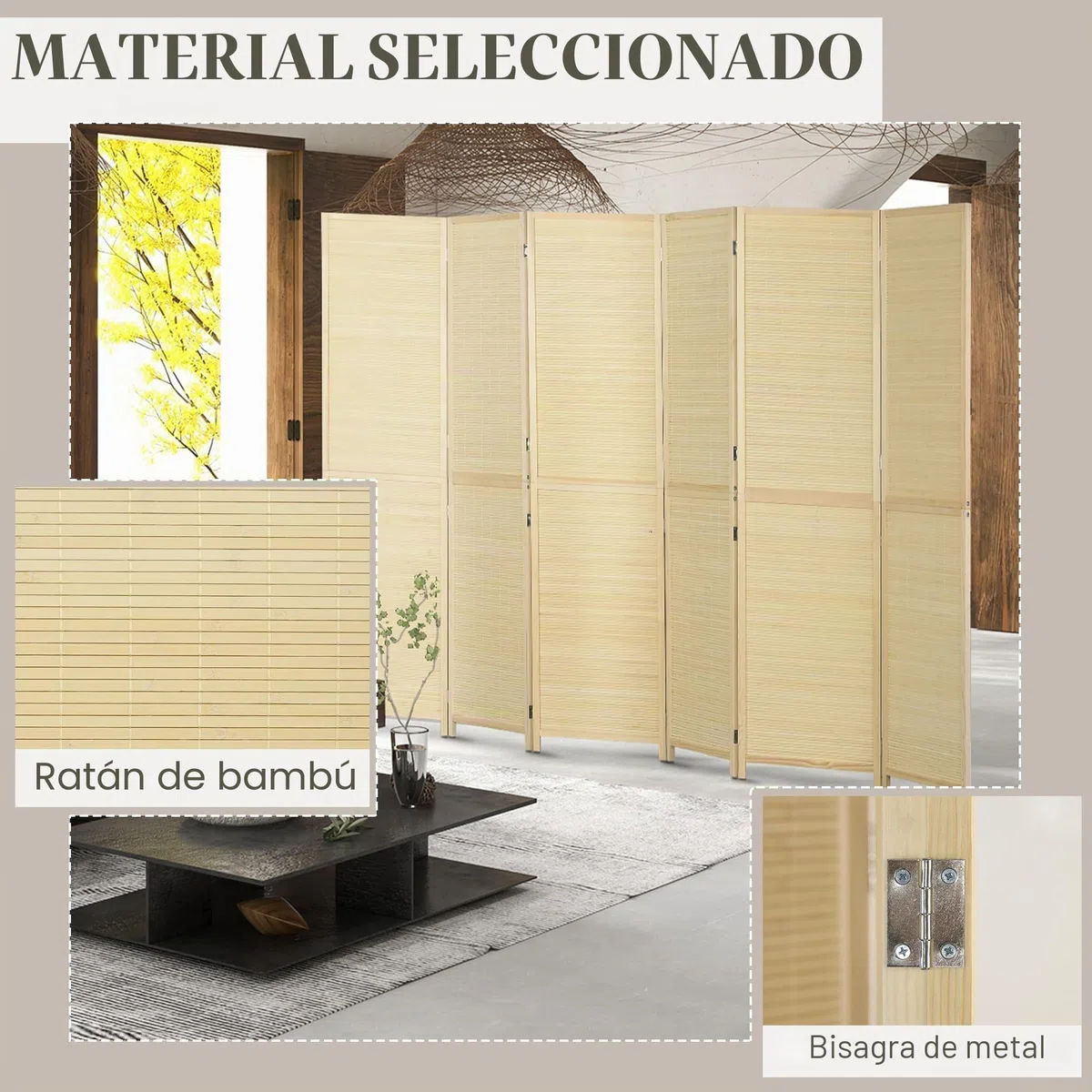 HOMCOM Biombo Plegable de bambú, 6 Paneles, 270x180 cm, Natural