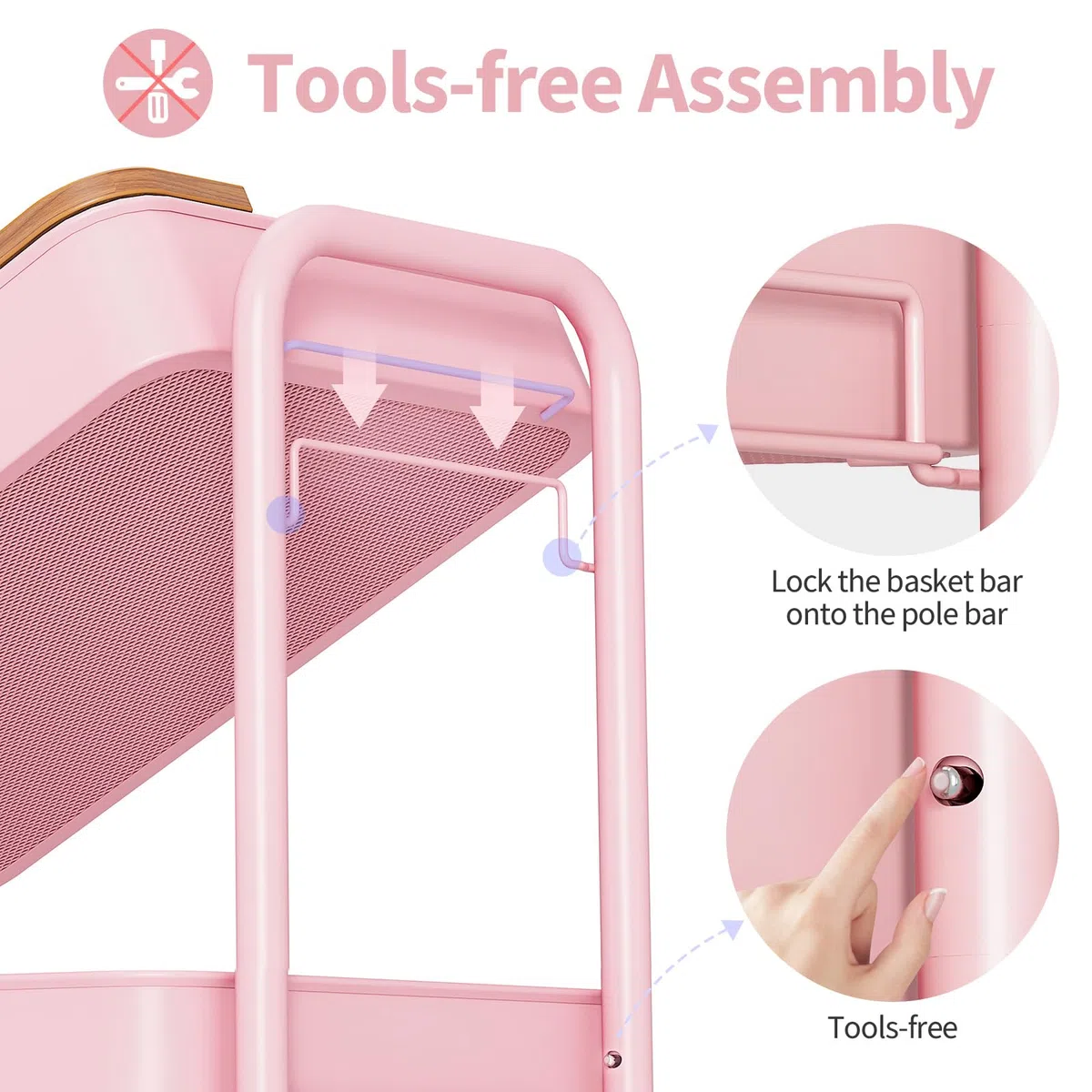 Carrito de Almacenamiento de 3 Niveles con Ruedas y Tablero de Mesa, Carrito Multiusos de Metal con Ruedas, Organizador con Bandeja de Madera, Ruedas bloqueables, fácil de Montar para baño,