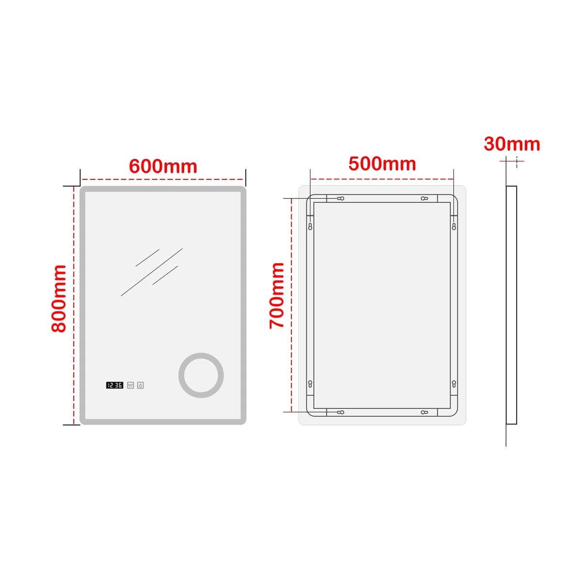 pro.tec Espejo de Pared con LED para Baño con Reloj e Indicador de Temperatura Antivaho Lupa 3 Opciones de Temperatura de Luz Blanca Interruptor Táctil 60 x 80 cm Aluminio - Blanco