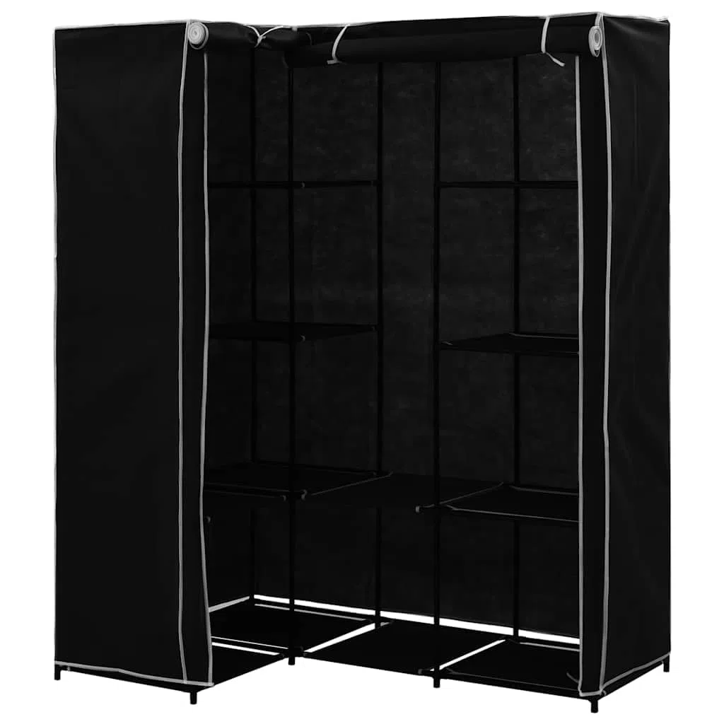 Armario esquinero negro 130 x 87 x 169 cm, plegable con marco de hierro resistente, ahorra espacio para dormitorio, armario, con espacio de almacenamiento para ropa y zapatos
