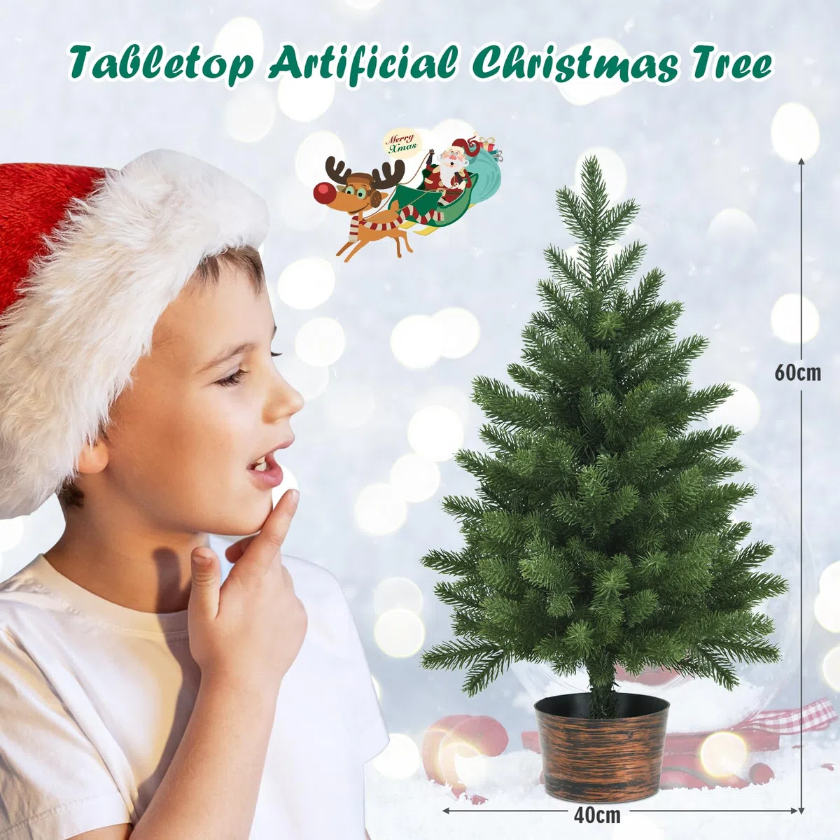 Árbol de Navidad, Árbol de Navidad Artificial pequeño 60 cm (2 pies) con piñas y Base, decoración navideña for Mesa Interior(Green Without Pine Cone)