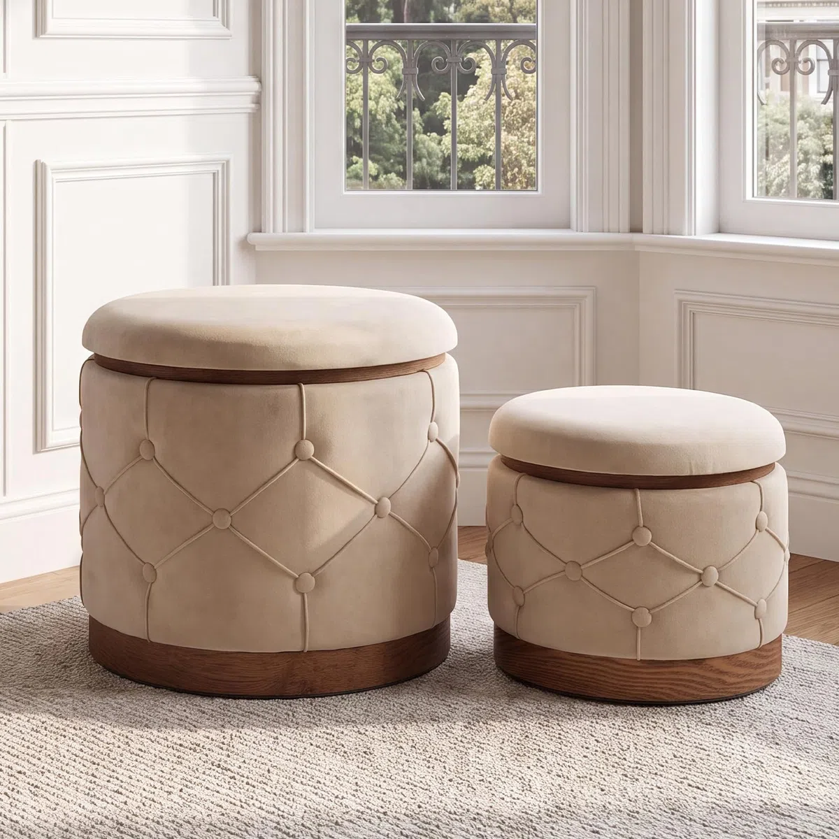 chairus 2PCS Taburete Redondo de Terciopelo con Almacenamiento, Caqui