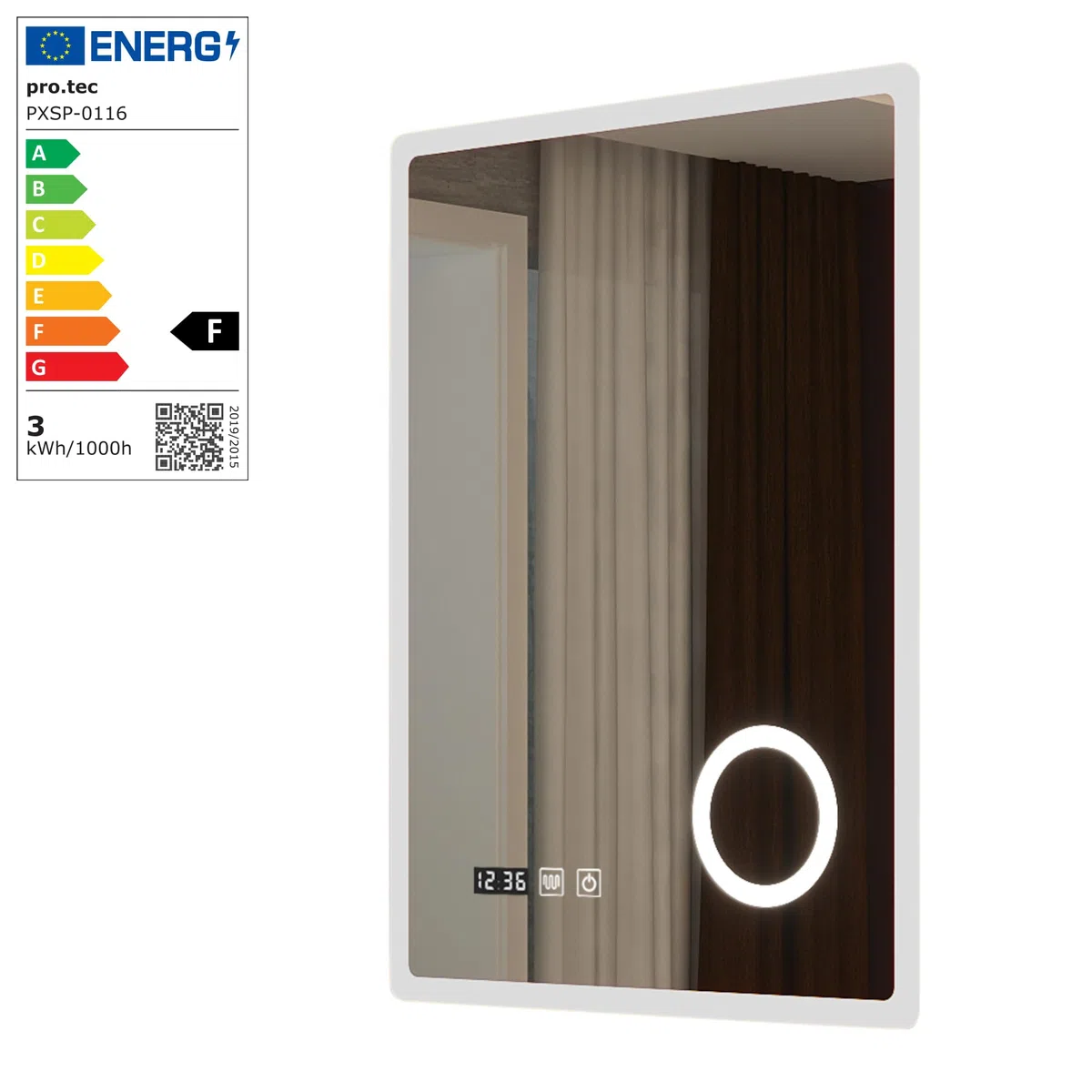 pro.tec Espejo de Pared con LED para Baño con Reloj e Indicador de Temperatura Antivaho Lupa 3 Opciones de Temperatura de Luz Blanca Interruptor Táctil 60 x 80 cm Aluminio - Blanco