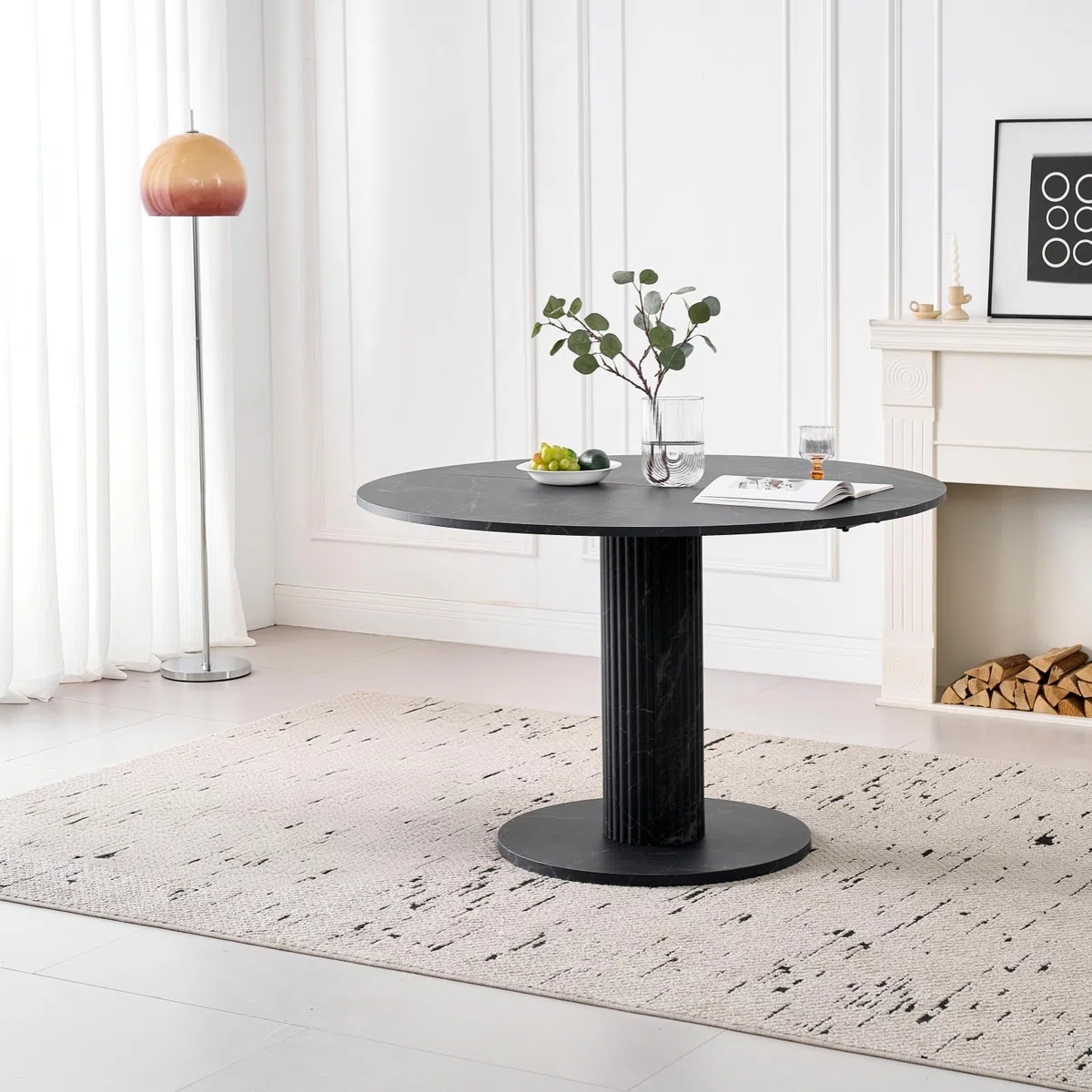 GrandCA HOME Mesa de Comedor Redonda, Sencilla y Moderna, Imitación de Mármol Negro, Diámetro de 115 cm, Capacidad para 4-6 Personas