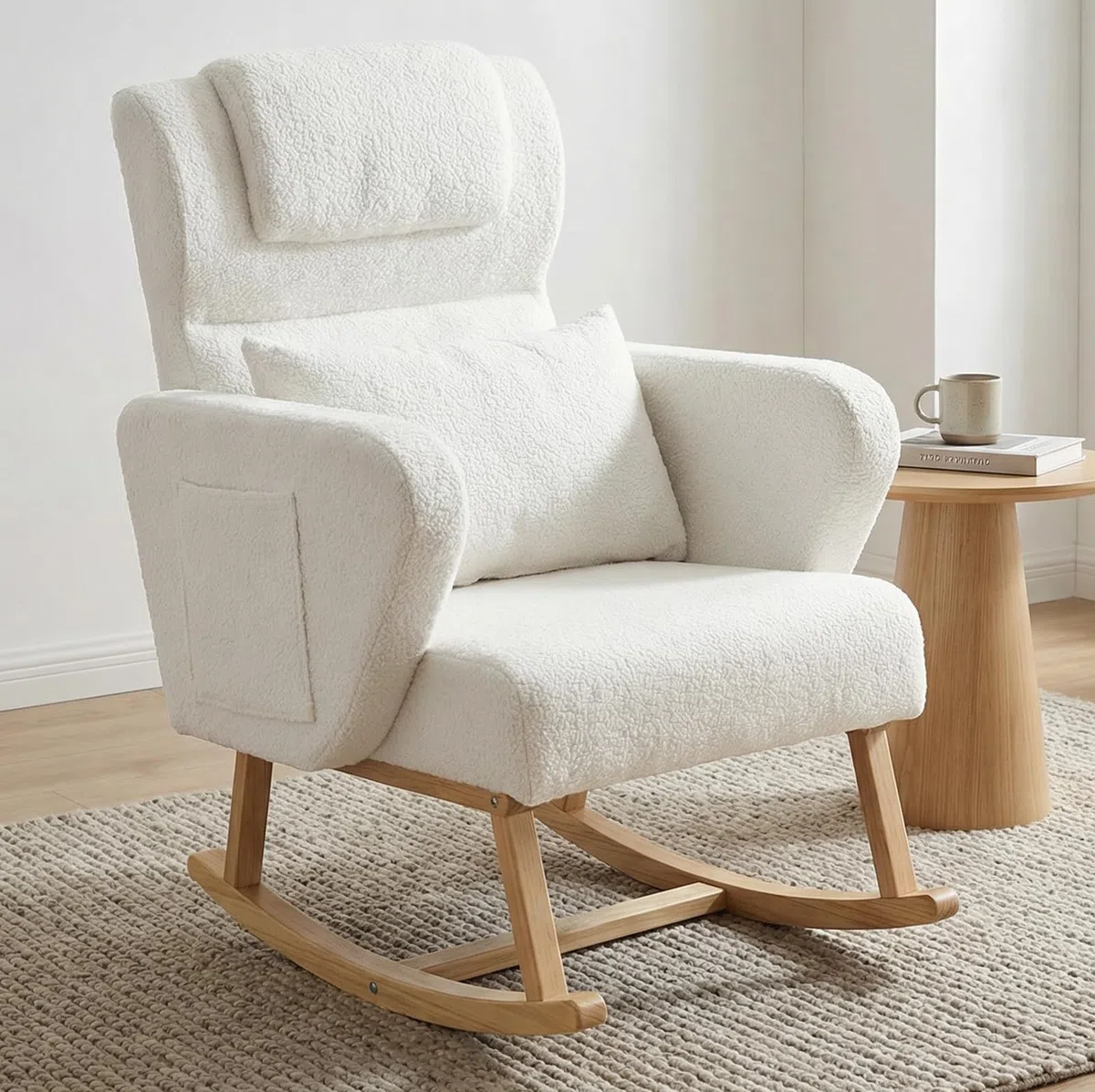 Mecedora de madera maciza, silla de relax, sillón de lactancia, silla mecedora, sillón balancín acolchado con respaldo alto y bolsillo lateral, para salón, dormitorio, balcón