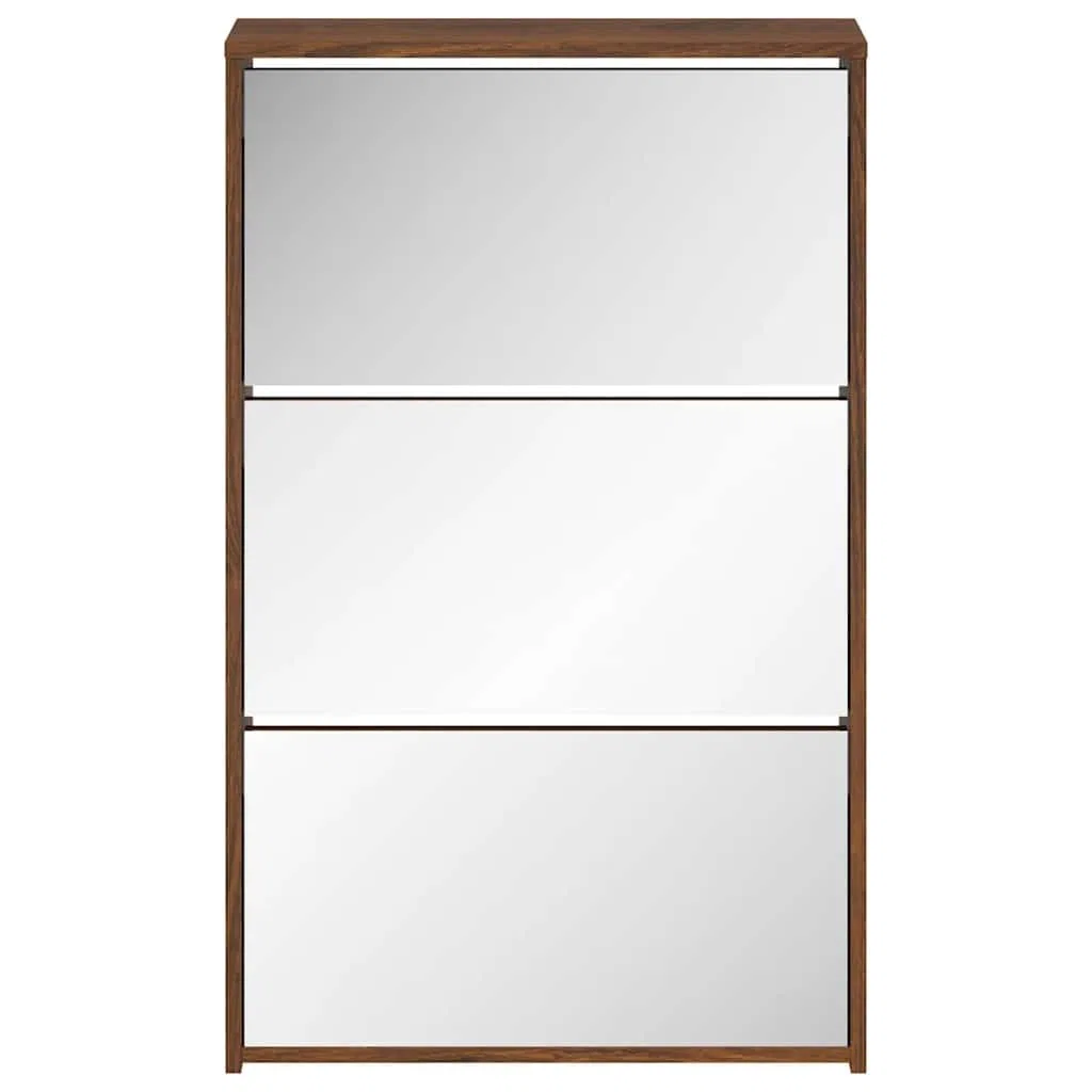 Zapatero con espejo con 3 compartimentos basculantes marrón efecto roble zapatero para pasillo, salón, dormitorio de madera