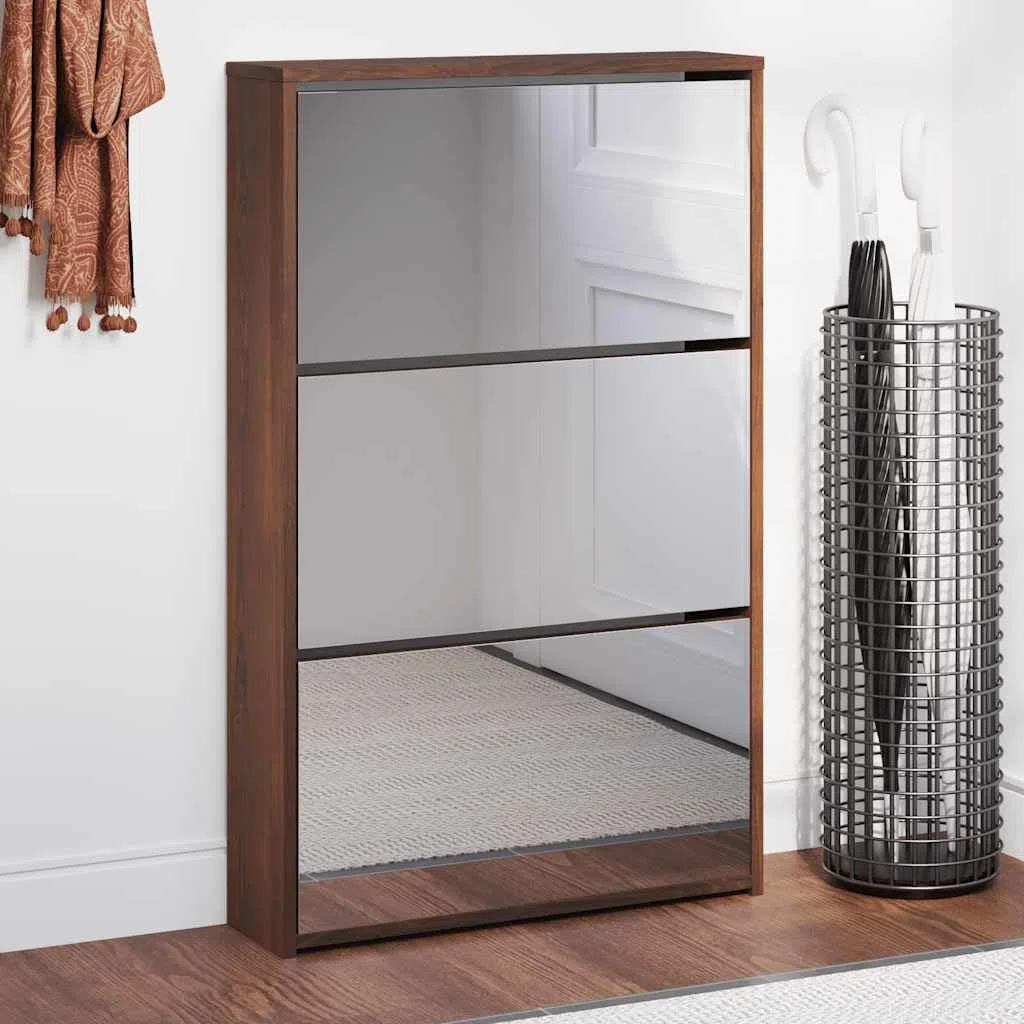 Zapatero con espejo con 3 compartimentos basculantes marrón efecto roble zapatero para pasillo, salón, dormitorio de madera