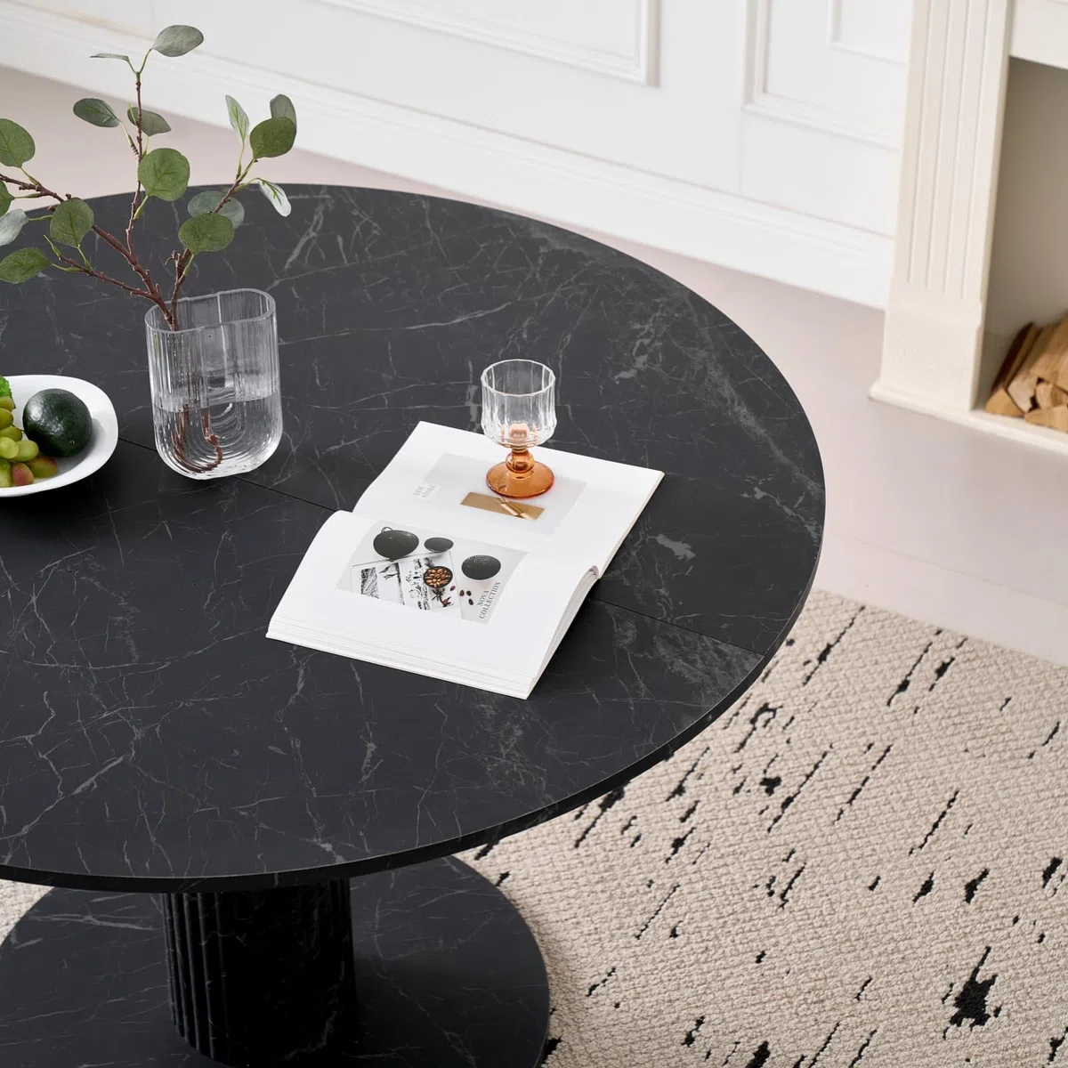 GrandCA HOME Mesa de Comedor Redonda, Sencilla y Moderna, Imitación de Mármol Negro, Diámetro de 115 cm, Capacidad para 4-6 Personas