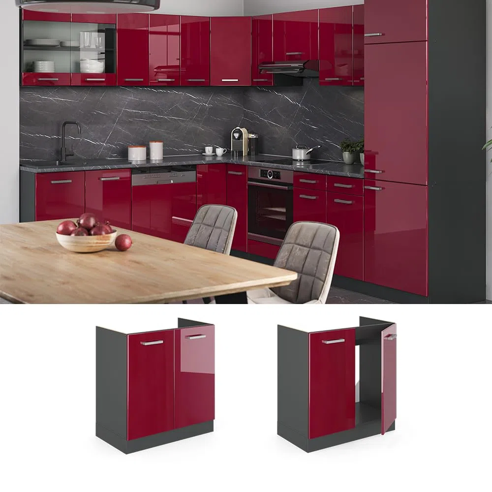 Vicco Armario bajo para Fregadero R-Line, Rojo de Alto Brillo, 80 cm