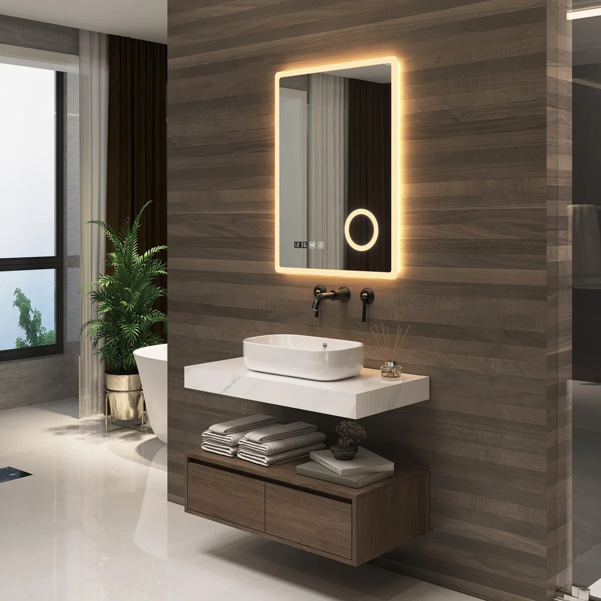 pro.tec Espejo de Pared con LED para Baño con Reloj e Indicador de Temperatura Antivaho Lupa 3 Opciones de Temperatura de Luz Blanca Interruptor Táctil 60 x 80 cm Aluminio - Blanco