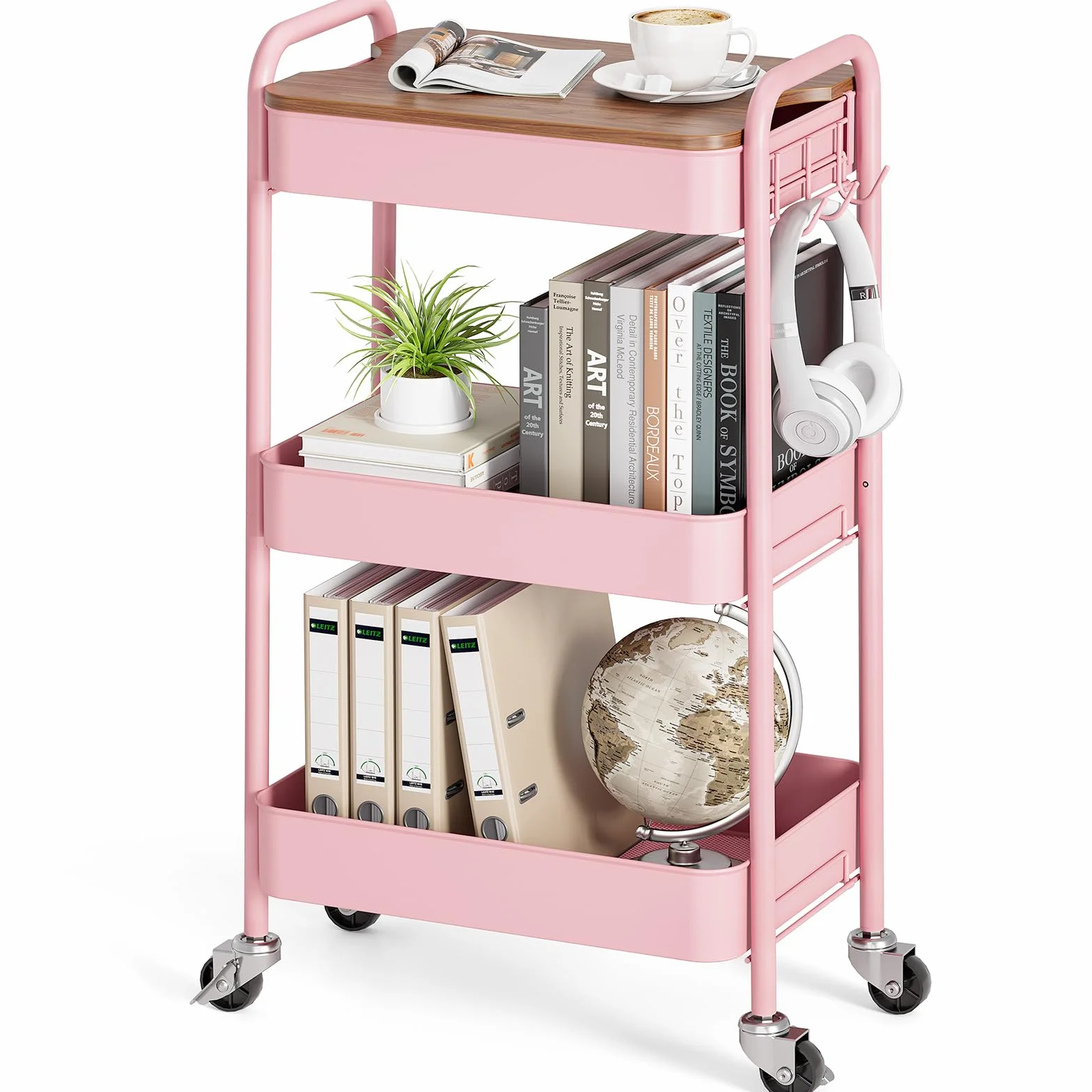 Carrito de Almacenamiento de 3 Niveles con Ruedas y Tablero de Mesa, Carrito Multiusos de Metal con Ruedas, Organizador con Bandeja de Madera, Ruedas bloqueables, fácil de Montar para baño,