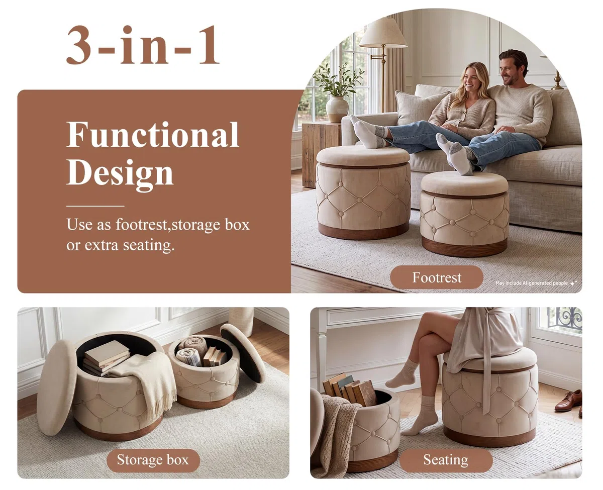 chairus 2PCS Taburete Redondo de Terciopelo con Almacenamiento, Caqui