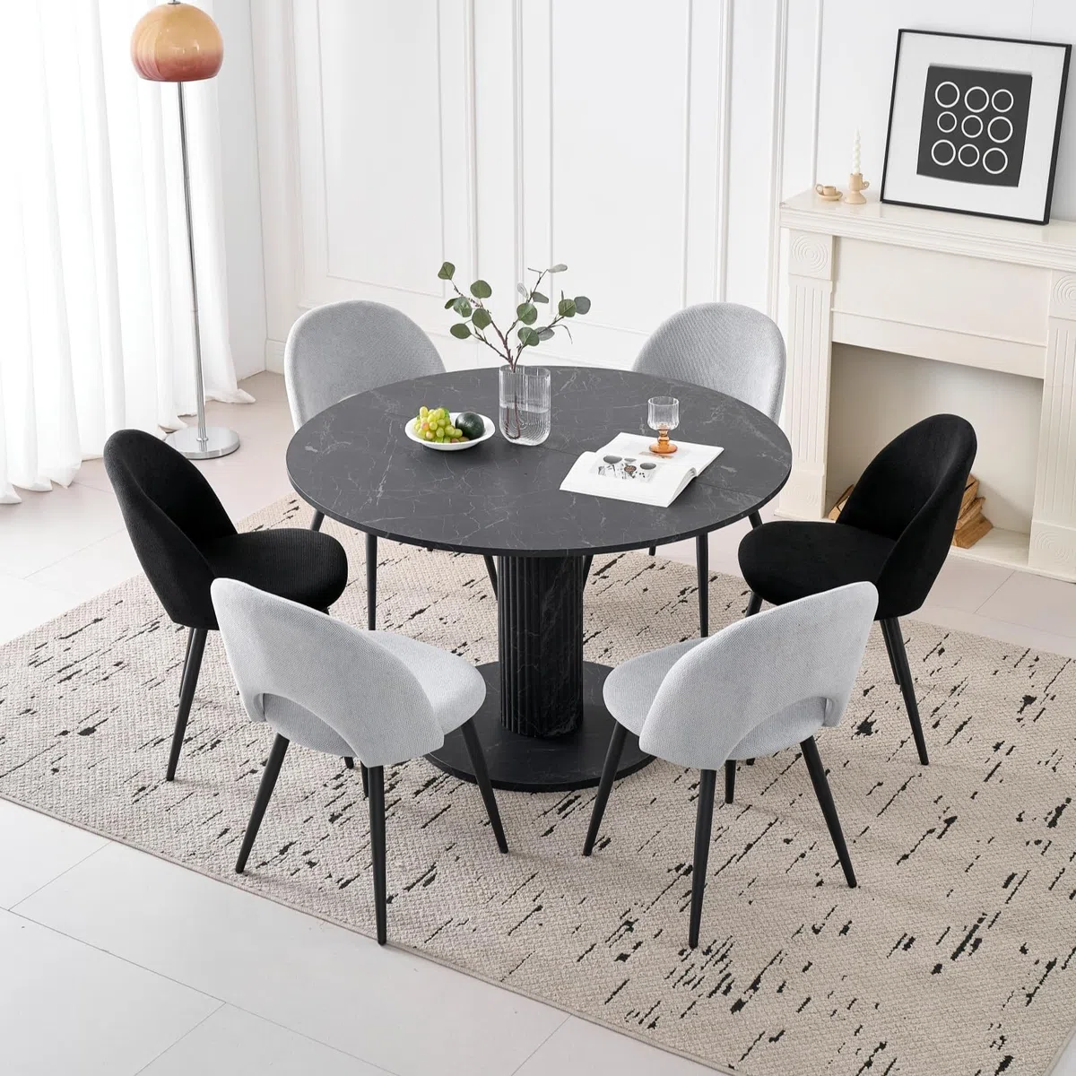 GrandCA HOME Mesa de Comedor Redonda, Sencilla y Moderna, Imitación de Mármol Negro, Diámetro de 115 cm, Capacidad para 4-6 Personas