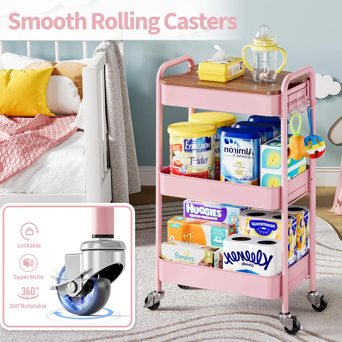 Carrito de Almacenamiento de 3 Niveles con Ruedas y Tablero de Mesa, Carrito Multiusos de Metal con Ruedas, Organizador con Bandeja de Madera, Ruedas bloqueables, fácil de Montar para baño,
