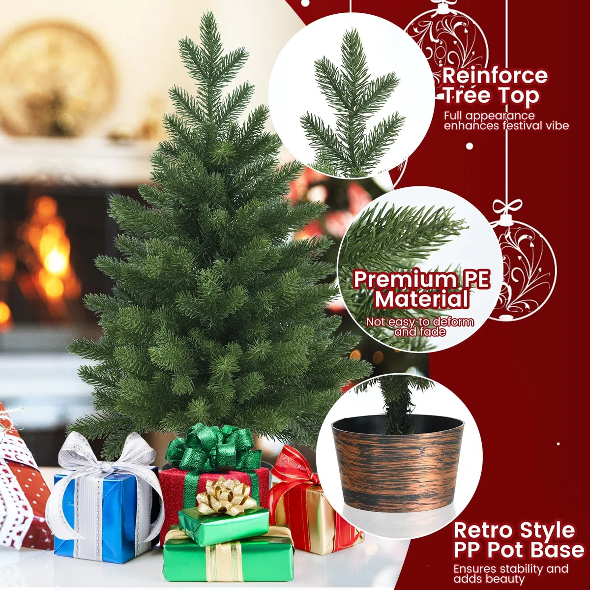 Árbol de Navidad, Árbol de Navidad Artificial pequeño 60 cm (2 pies) con piñas y Base, decoración navideña for Mesa Interior(Green Without Pine Cone)