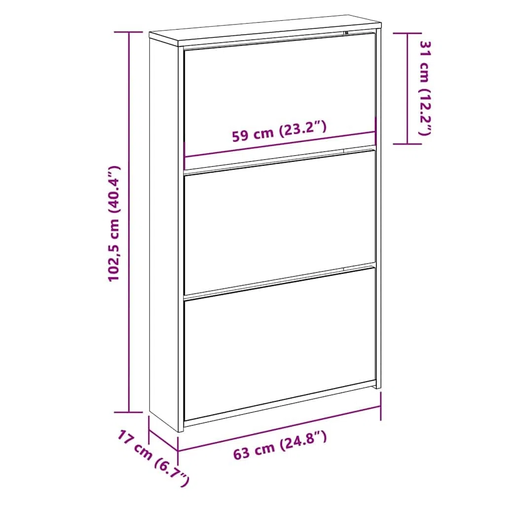 Zapatero con espejo con 3 compartimentos basculantes marrón efecto roble zapatero para pasillo, salón, dormitorio de madera