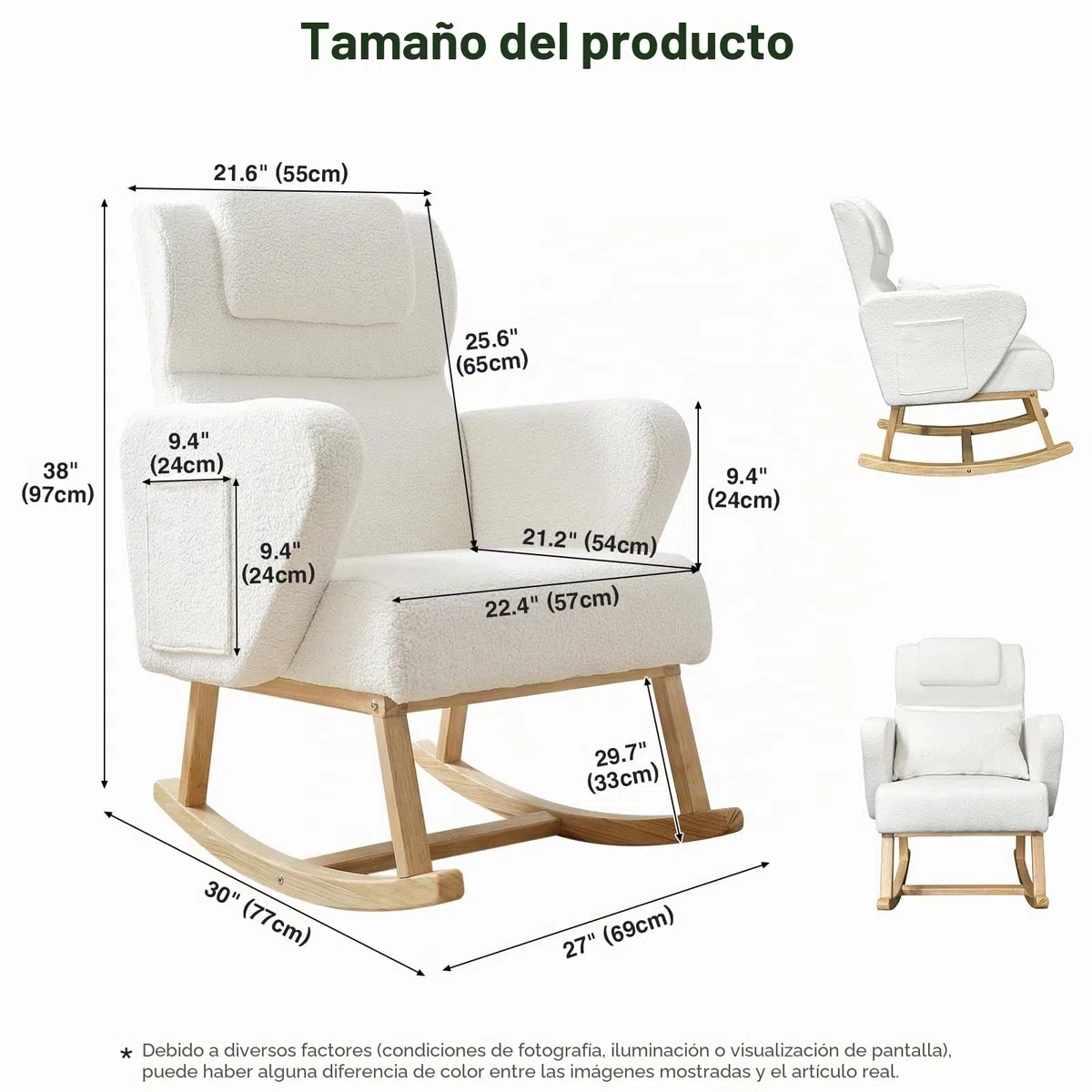 Mecedora de madera maciza, silla de relax, sillón de lactancia, silla mecedora, sillón balancín acolchado con respaldo alto y bolsillo lateral, para salón, dormitorio, balcón